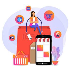 插图概念设计网上购物.购物者使用互联网设备购买产品电子商务.